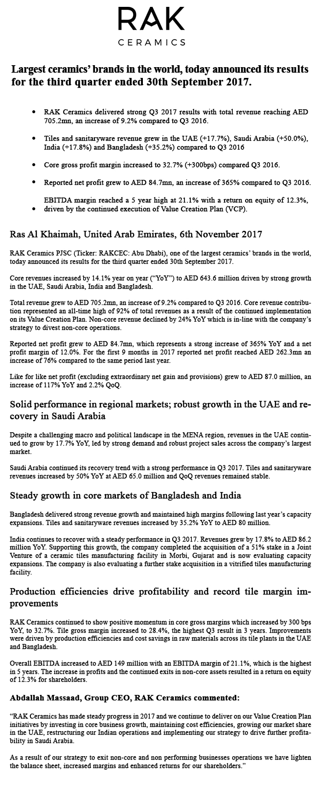 RAK Ceramics Announces 